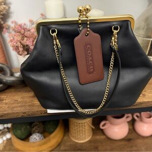 Coach Black Leather Shoulder Bag with Gold Chain